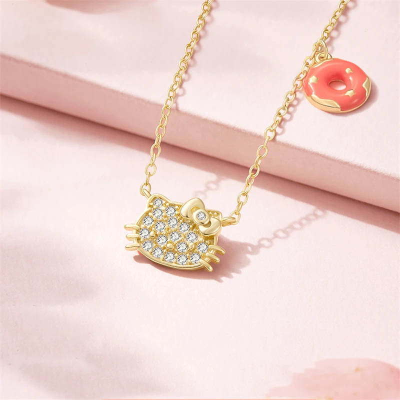 

Kawaii Sanrio HelloKitty Necklace Anime Silver Plated Clavicle Chain Jewelry Girls Donut Diamond Pendant Couple Accessories Gift