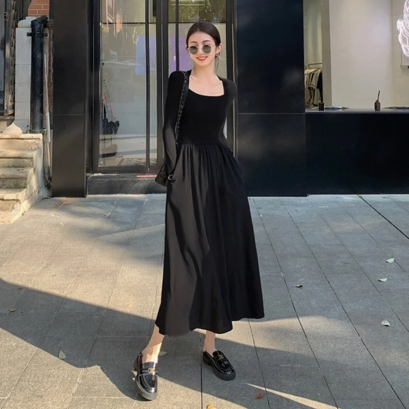 

French Hepburn Style Black Long Sleeves Slim Dress Women's Early Autumn New Patchwork Small Black Skirt Waist Long Skirt