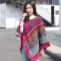 spring autumn ethnic style mohair tassel cloaks women warm long knitted pullove capes tie dye match colors ponchos streetwear