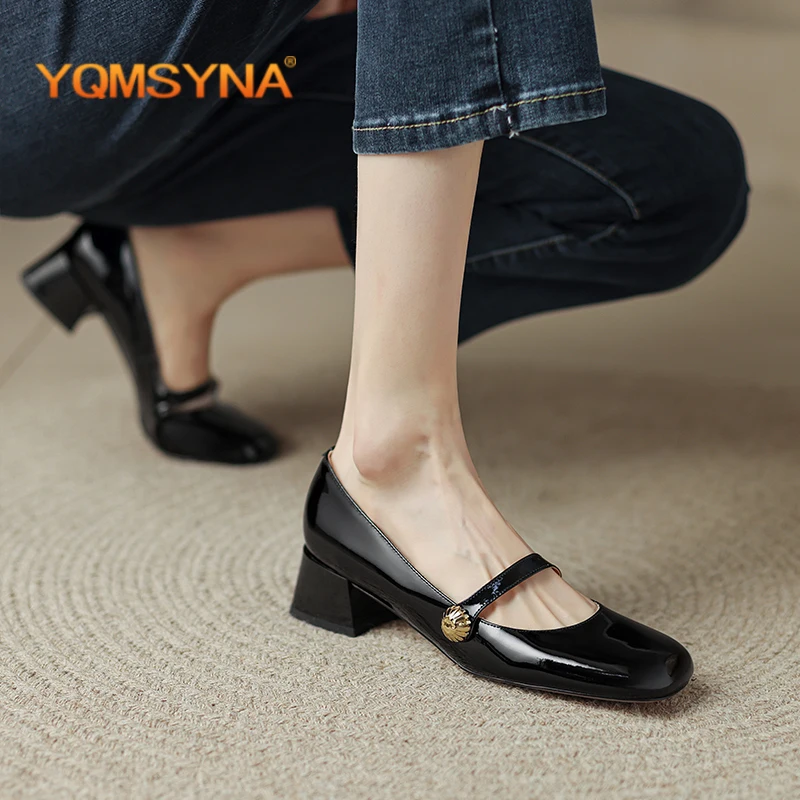 

Повседневные туфли YQMSYNA, Туфли Мэри Джейн, удобные туфли на квадратном каблуке с ремешком, металлические украшения, туфли с квадратным носко...