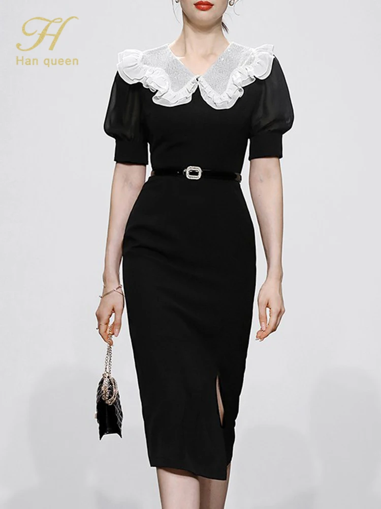 

H Han Queen Elegant Color Matching Sheath Pencil Dress Women's Puff Sleeve Vintage Simple Bodycon Dresses OL Work Party Vestidos