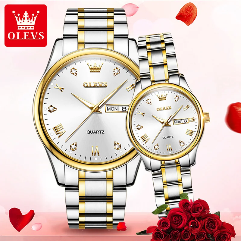OLEVS 2022 New Couple Business HD Luminous Diamond Double Calendar 30M Waterproof  Stainless Steel Bracelet Quartz Watches 5563