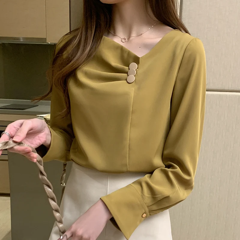 

Women Blouse 2022 Spring OL Chiffon Vintage Long Sleeve Tops Womens Asymmetric Button Up Shirt Clothing V-neck Blouses for Women