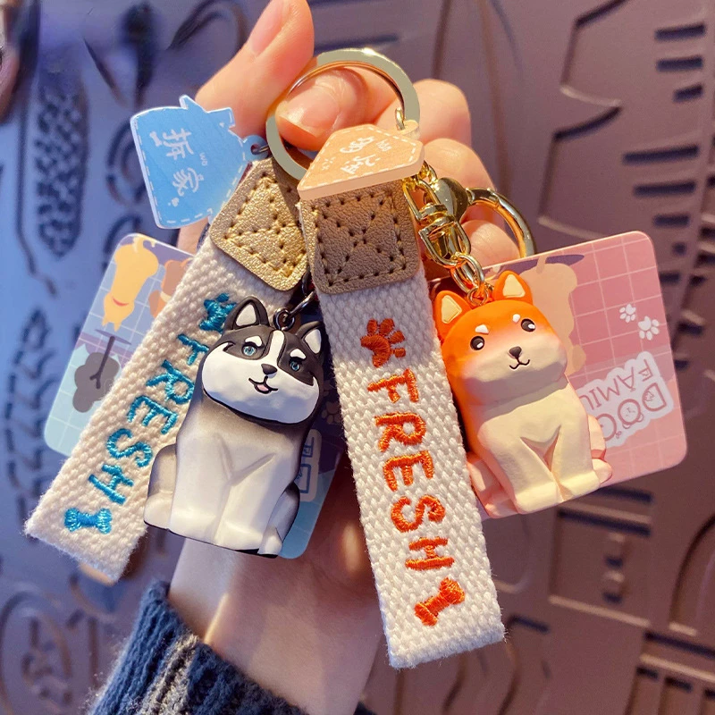 

Cute Wood Carving Style Dog Family Schnauzer Doll Key Chain Creative Animal Shiba Inu Bigger Dog Keychain Girl Bag Pendant Gift