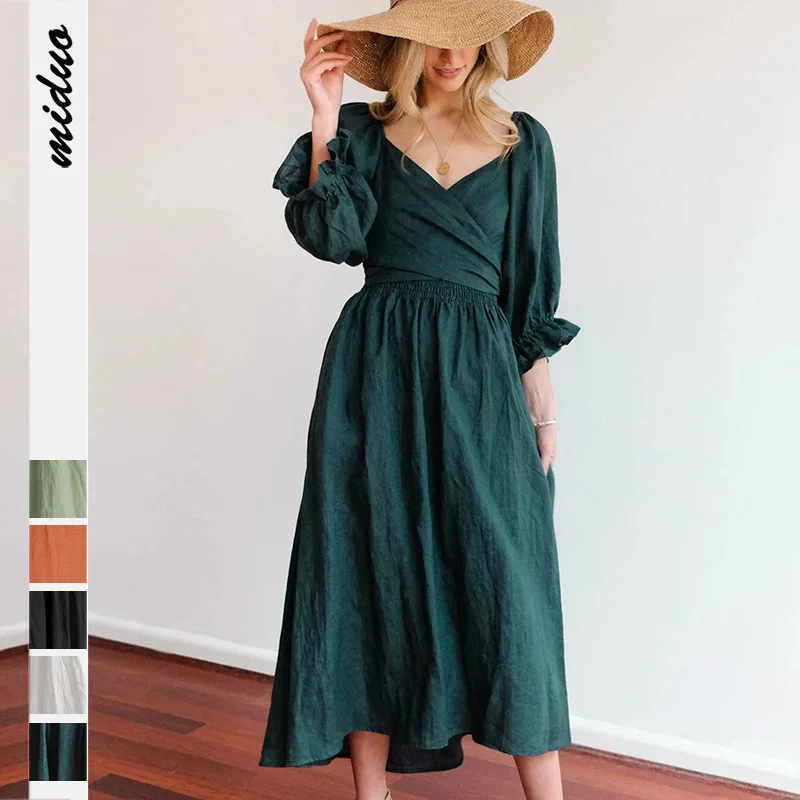 

French senior sense European beauty autumn dress with string belt ruffle lantern sleeve dress multi wearing elegant dress