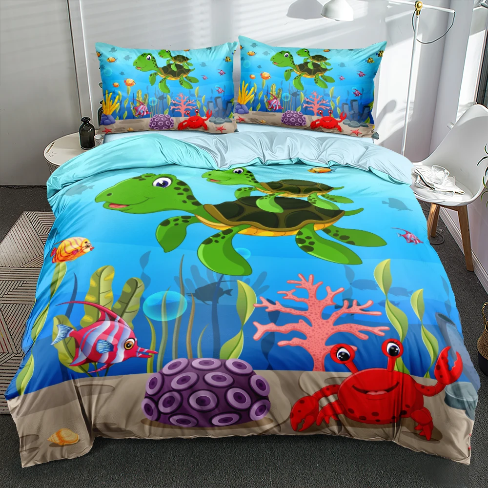 

Hot Sale Crabs Turtles Cartoon Series Duvet Cover Set Blue Quilt Cover Pillowcases Child Bed Set Double Full Queen King Sizes