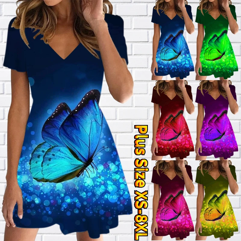 

2023 Summer Women New Design Printing Skirt Fashion Knee-length Skirt V-Neck Casual Slim Dress Loose Size Short Sleeve XS-8XL