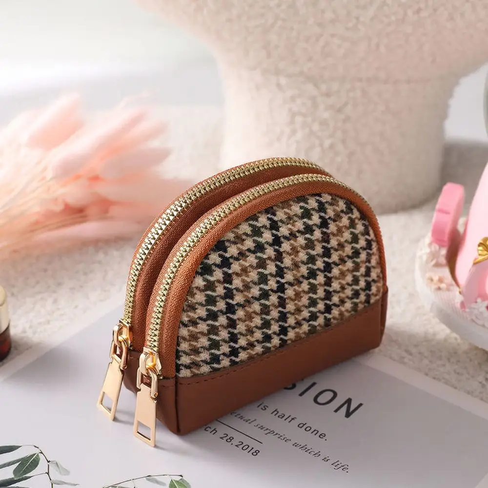 

Fashion Temperamental Mini Fabric Trendy Canvas Houndstooth Women Coin Purse Wallet Card Holders Leather Bag
