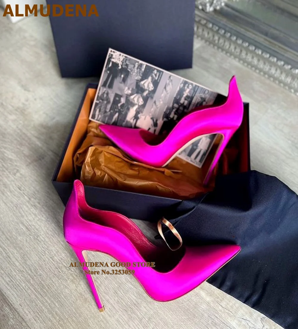 ALMUDENA Fuchsia Pink Satin Cloth High Heel Shoes 12cm 10cm 8cm Silk Fabric Pointed Toe Slip-on Pumps Special Cut Wedding Heels