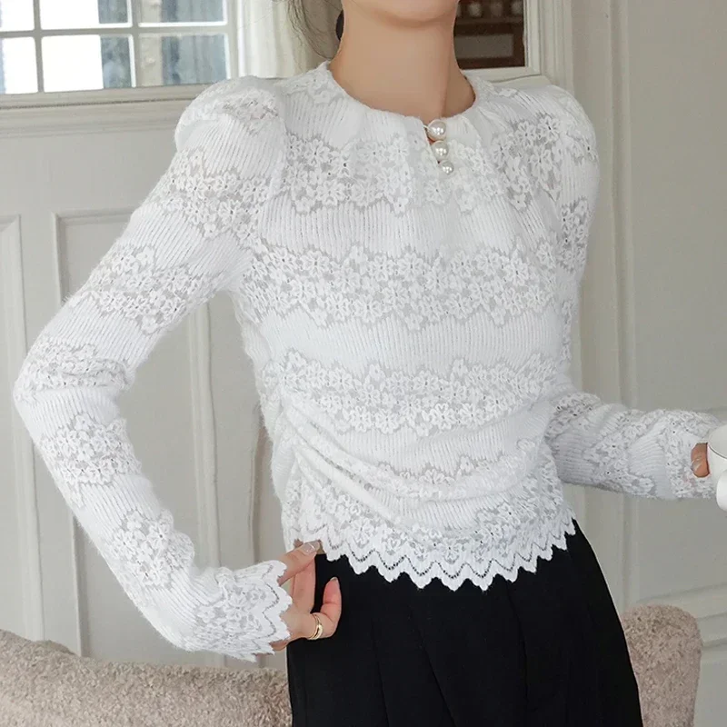 

Autumn Fashion Casual Pleated Top Vintage Slim Fit Beading Crochet Lace Shirt Women Korean Office Ladies Shirt Long Sleeve 29562