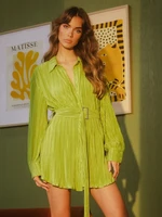 sexy turn down collar long sleeve button up pleated shirt dress with belt 2022 fall elegant slim green mini dresses for women