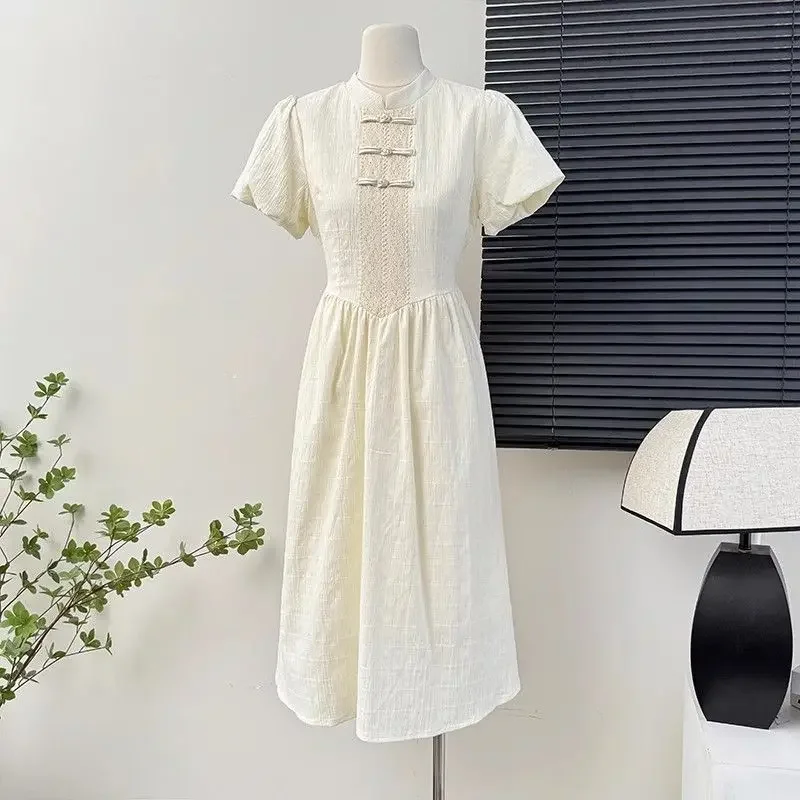 Новое китайское платье Minty Wave летний новый стиль на пуговицах с пышными рукавами