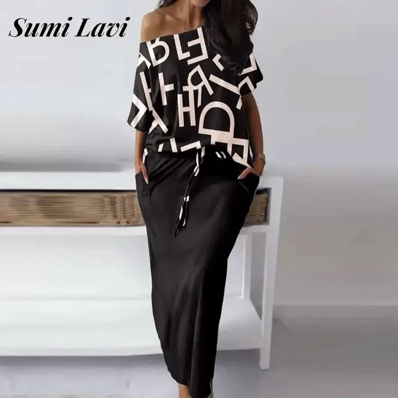 

Casual Loose T-shirt And Long Skirt Set Sexy Print Off Shoulder Tops Two-piece Set Elegant Women Lace-up Skirt Set With Pockets