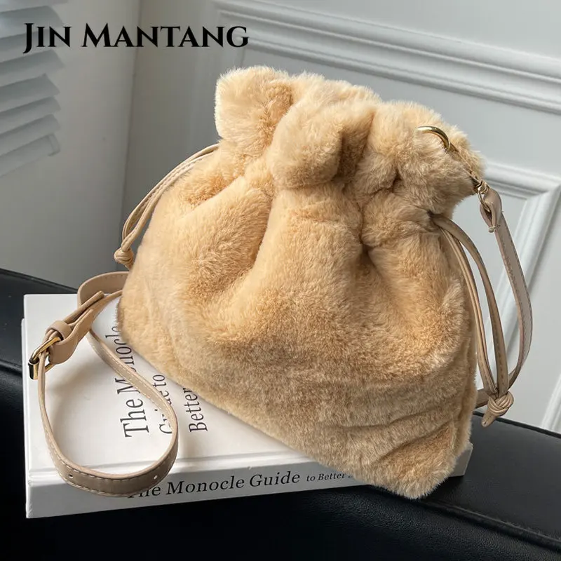 

Модные зимние плюшевые сумки через плечо JIN MANTANG для женщин, мешок из искусственного меха, Наплечная Сумка, дизайнерские мягкие сумки для дам...