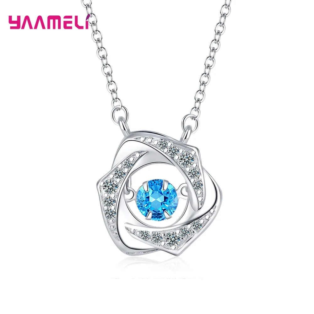 

925 Sterling Silver Necklace New Fashion Ocean Blue Cubic Zircon Flower Pattern Pendant Collar Chain for Women Girl Jewelry