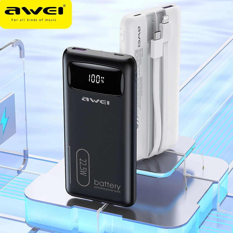 

Awei 10000mAh 20000mAh Portable Powerbank For Moblie Phone Fast Charging With Type-C Lightning Cable Micro Port Input Power Bank