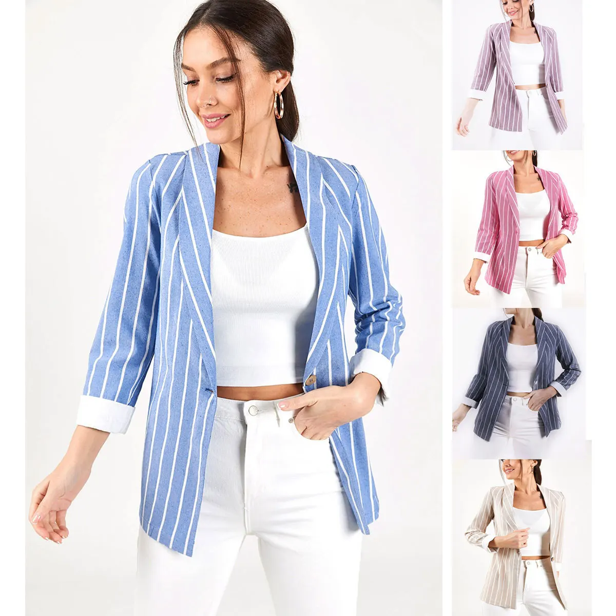 

New Fashion 2022 Designer Stripe Blazer Women Classic Single Breasted Buttons Blazer Outwear Suit Elegant Office Wear Female