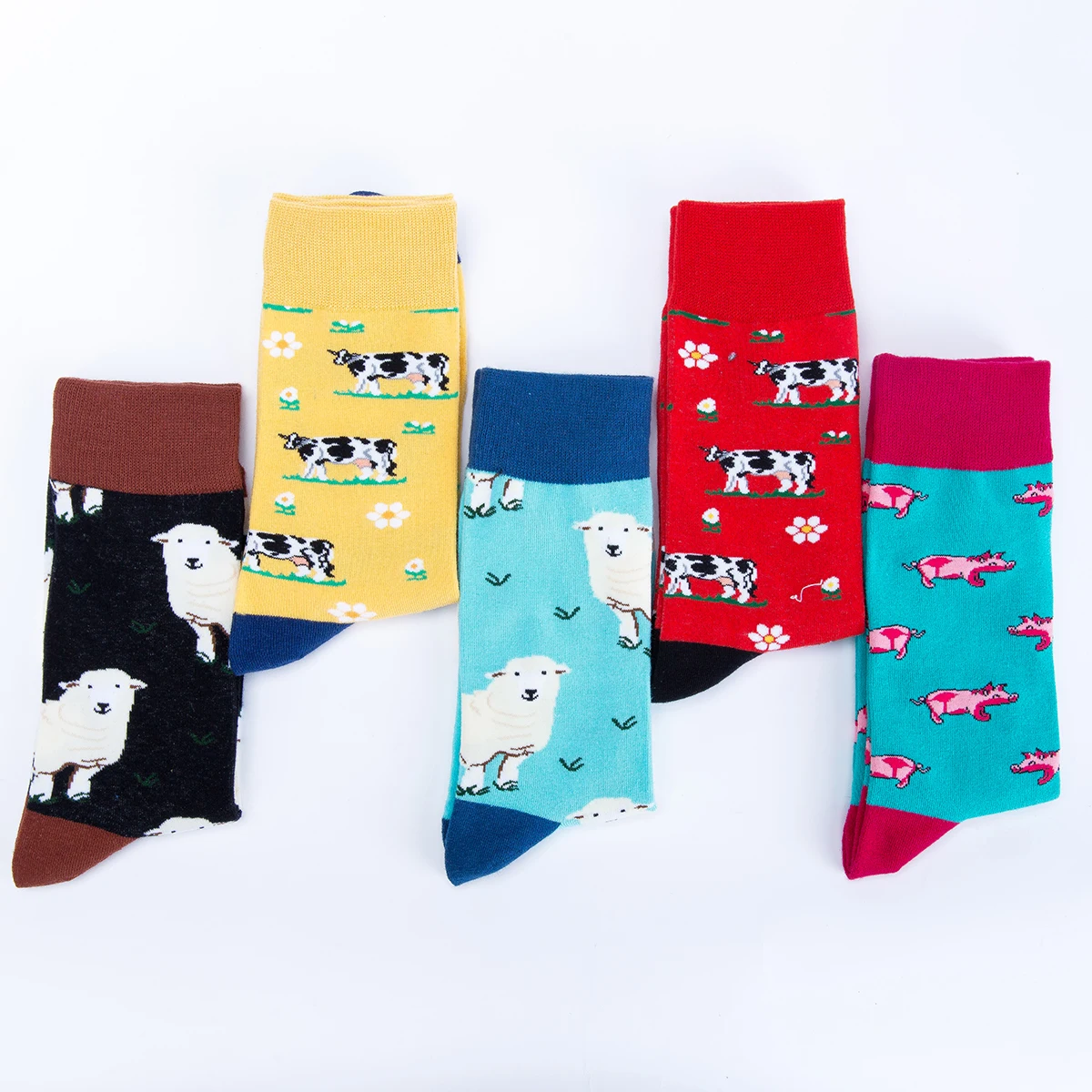 5 Pairs Autumn and Winter New Happy Farm Men Casual Cotton Socks Fashion Colorful Sheep Cows Piglets Women and Men Funny Socks