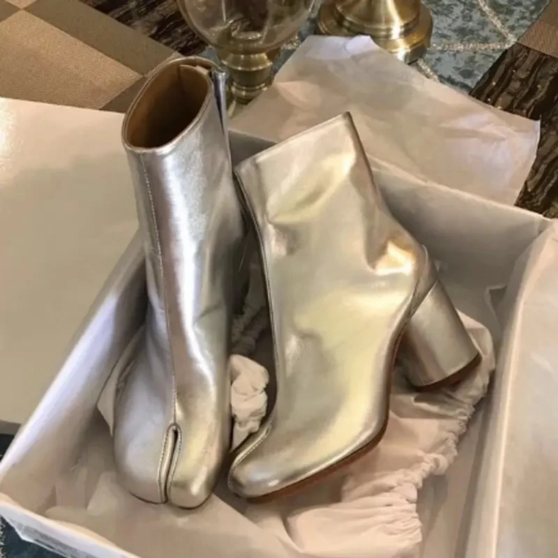 Women Strange Style Split Toe Ankle Boots Leather 8cm Block Heels Square Toe New Design Ladies Glitter Short Booties