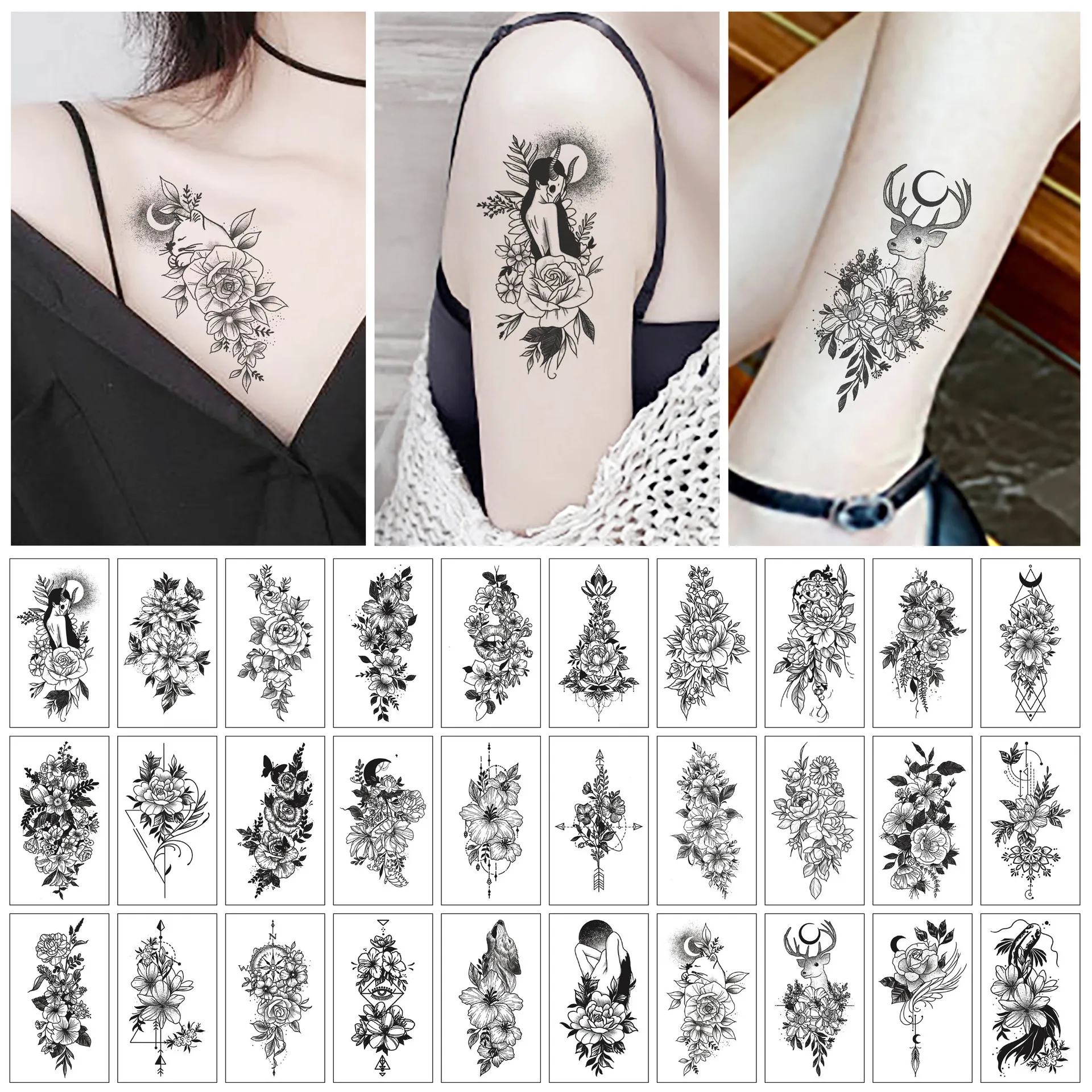 

30pcs/Set Women Temporary Tattoo Sticker Black Rose Fake Tatoo Body Arm Hands Leg Flowers Tattos Tatouage Temporaire Femme
