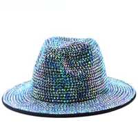 fashion bling rhinestone studded wide brim fedora hat for womens panama hat with full diamond adjustable jazz hats men accessor
