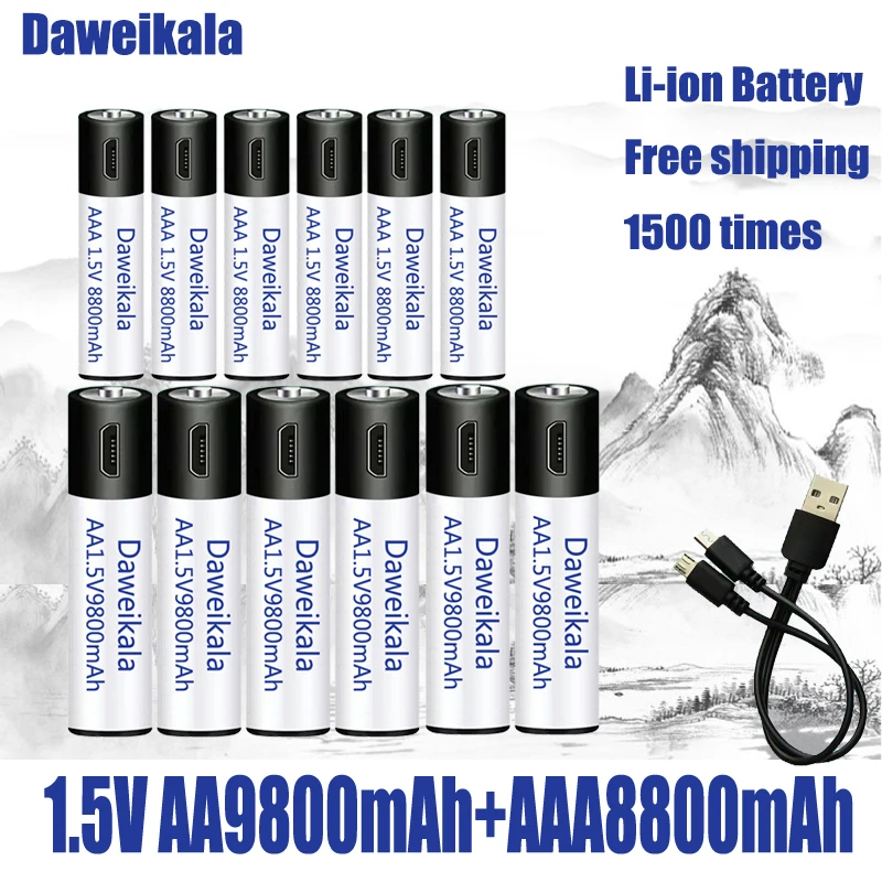 

2022 AA + AAA1.5V USB Rechargeable battery AA 9800mAh/AAA 8800mAh li-ion batteries for toys watch MP3 player thermometer+ Cable