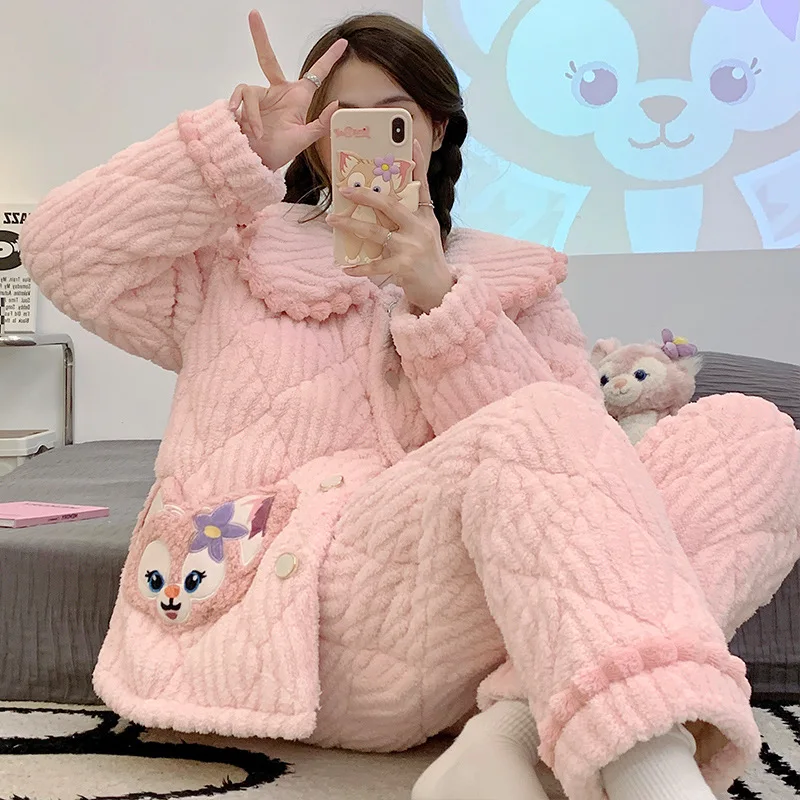 2022 New fleece and thickened ladies' nightwear flannel winter three layer cotton warm girls' home service coral velvet set