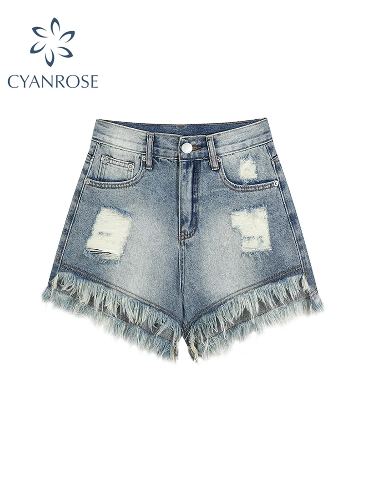 

Women's Denim Shorts Washed Tassel Ripped 2022 Summer Sexy Casual Vintage Short Jeans Y2k Female High Waist A-line Short Pants
