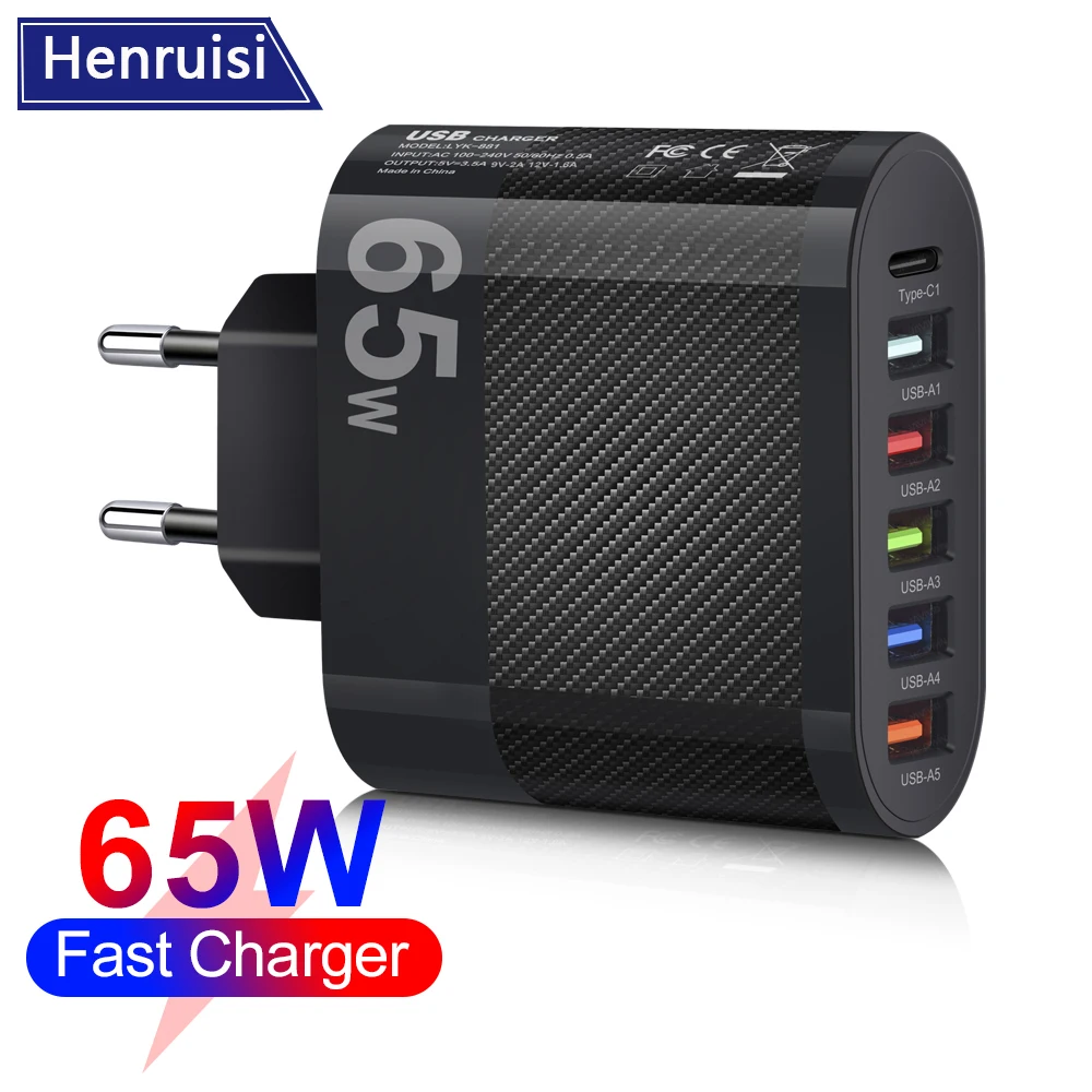 

65W PD+5USB For iPhone Charger USB fast charger For xiaomi huawei oppo oneplus USB-C moble phone charging chargers Quick charge