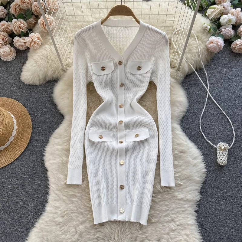 

Elegant V-Neck Long Sleeve Knit Bodycon Pencil Dress Basic Sweater Sexy Autumn Winter Slim White Dress For Women