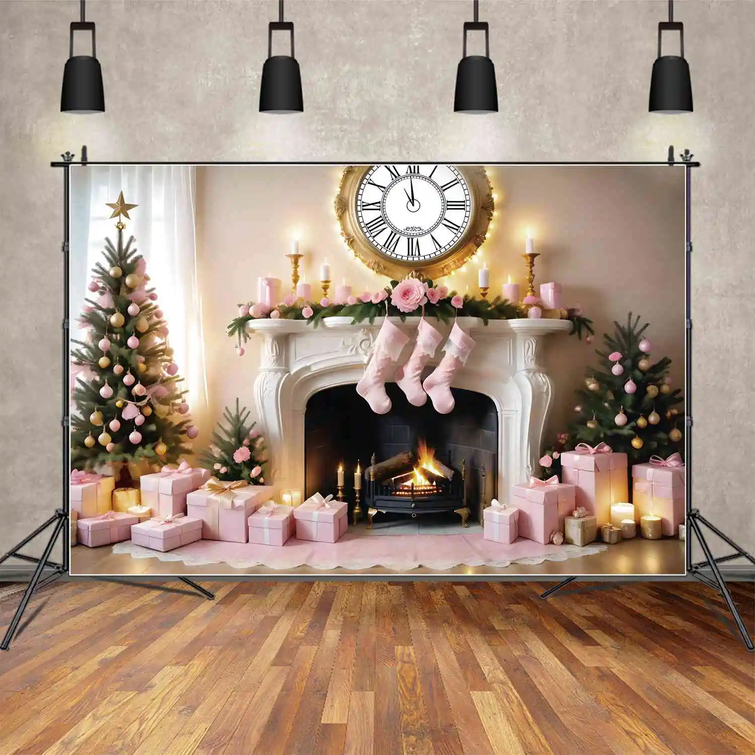 

MOON.QG Backdrop Pink Christmas Fireplace Backgrounds Novelty Ornaments Decorations for Home Photozone Photography Accessories