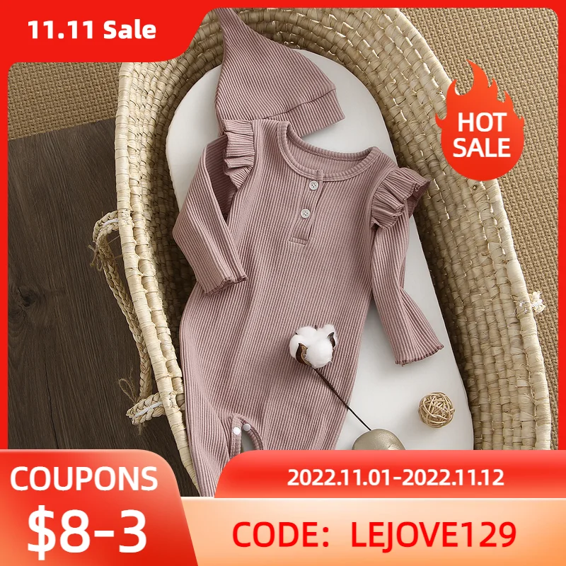 

0-24M Newborn Infant Baby Girl Romper With Hat Soft Cotton Long Sleeve Newborn Romper Casual Fall Spring Baby Clothing
