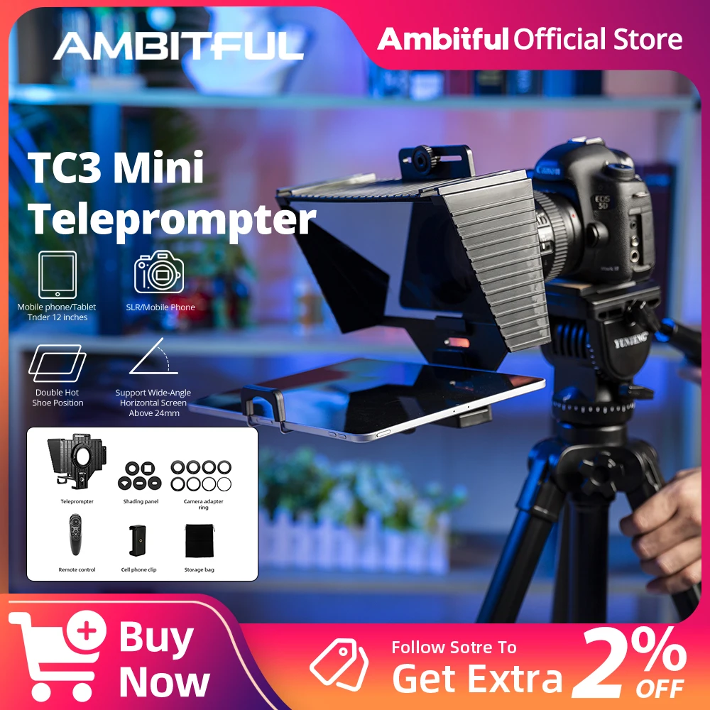 Фото Телесуфлер Ambitful T3 для телефона, планшета, DLSR, записывающий суфлер с камерой и дистанционным управлением №1
