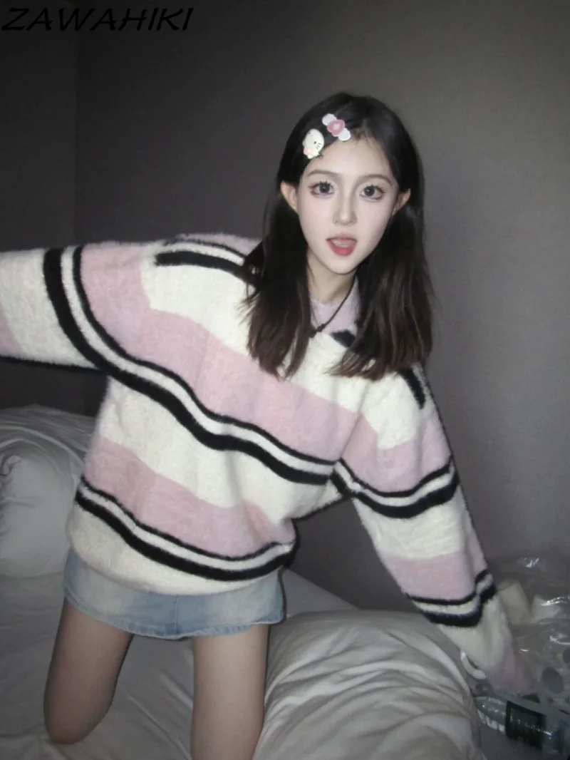 

Pink Striped Knitted Autumn Winter Sweaters Women Casual O-neck Patchwork Femme Pullover Chic Long Sleeve Woman Sweater