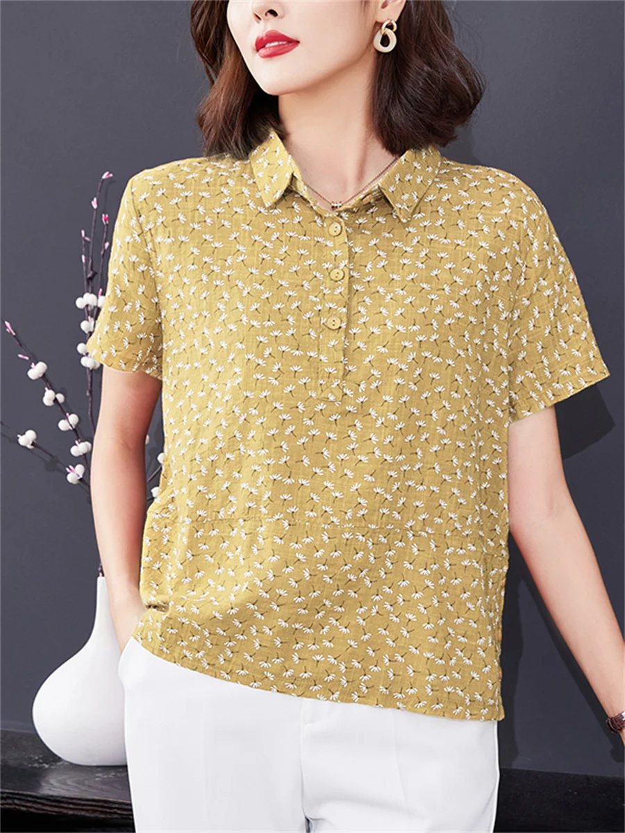 

4XL Women Spring Summer Shirts Lady Fashion Casual Short Sleeve Turn-down Collar Dandelion Printing Flower Blusas Tops CT0676