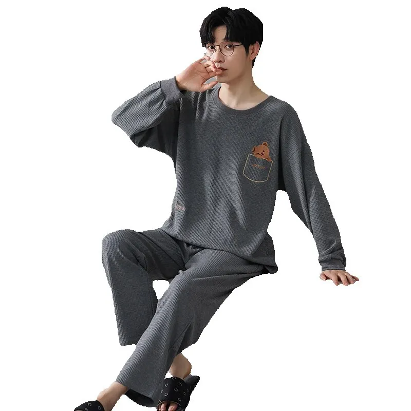 QUHENG Autumn Winter Men‘s Cotton Pajamas Set Long Sleeved Nightwear Home Wear Suits Simple Fashion Sleepwear Men Home Clothing