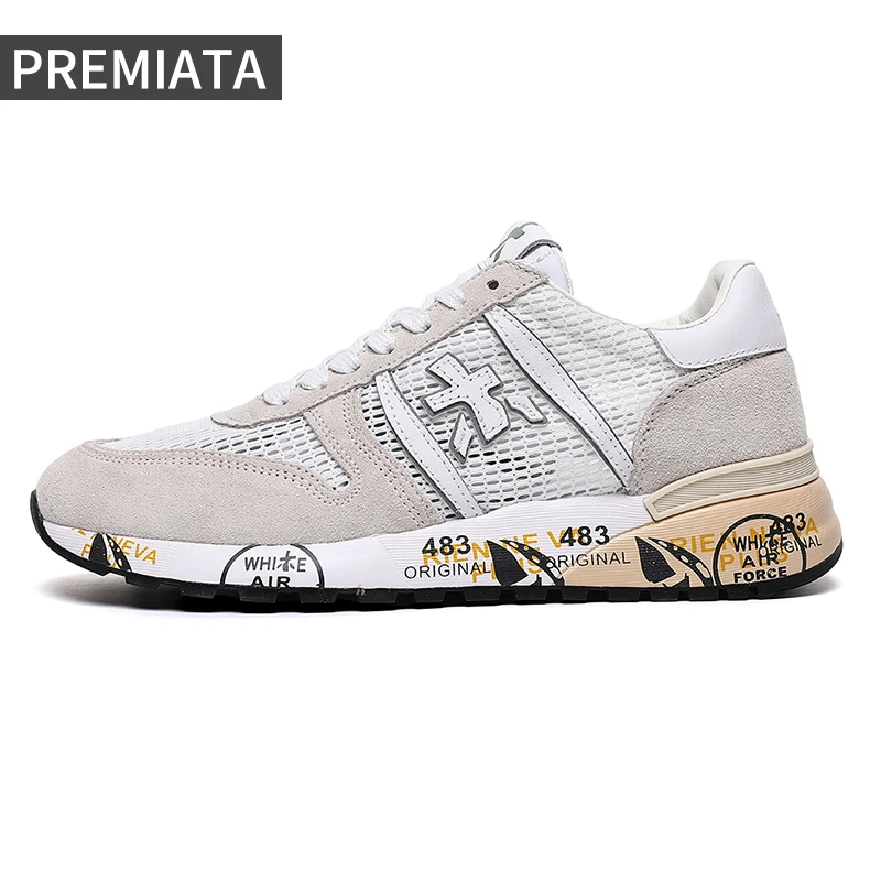 

PREMIATA Men's Shoes Comfortable Cushioning White Mesh Breathable Lightweight Running Shoes Fashion Light Luxury Casual Sneakers