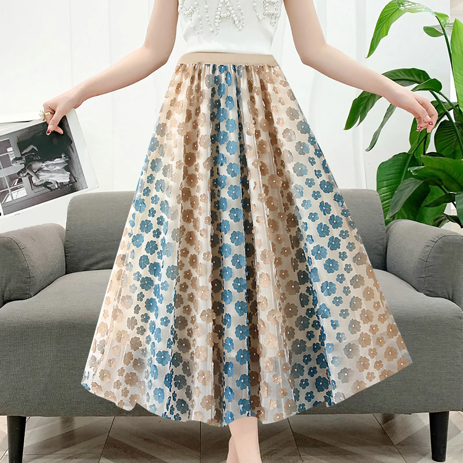 

Mesh Long Skirt Loose A-line Skirt Floral Embroidery Breathable High Waist Skirts Summer Women's Skirt Vacation Holiday Falda