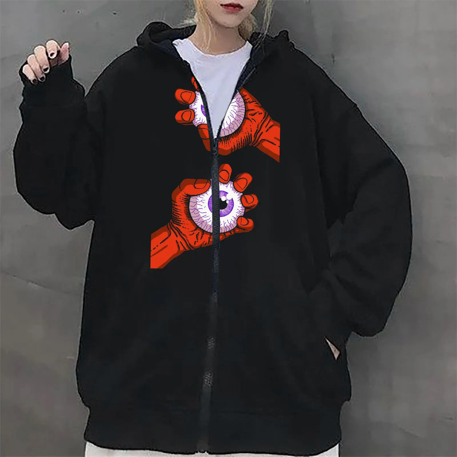 

Y2K Harajuku Korean Style Loose Skeleton Zip Up Hoodie Goth Grunge Long-Sleeved Hooded Jacket Retro Black Oversized Sweatshirt