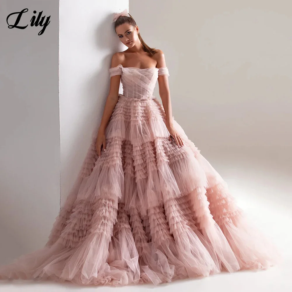 

Lily Pink Tiered Tulle Ball Gown Prom Dresses Off the Shoulder Ruffles Frill-Layered Maxi Party Gowns Blush Formal Evening Dress