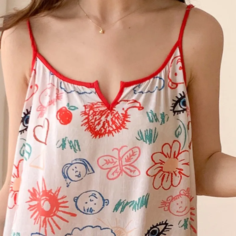 Young Lady Summer New Slip Nightgown Length To Shark Thin Women One-Piece Sexy Sleeveless Dress Leisure Cotton Printing Skirt