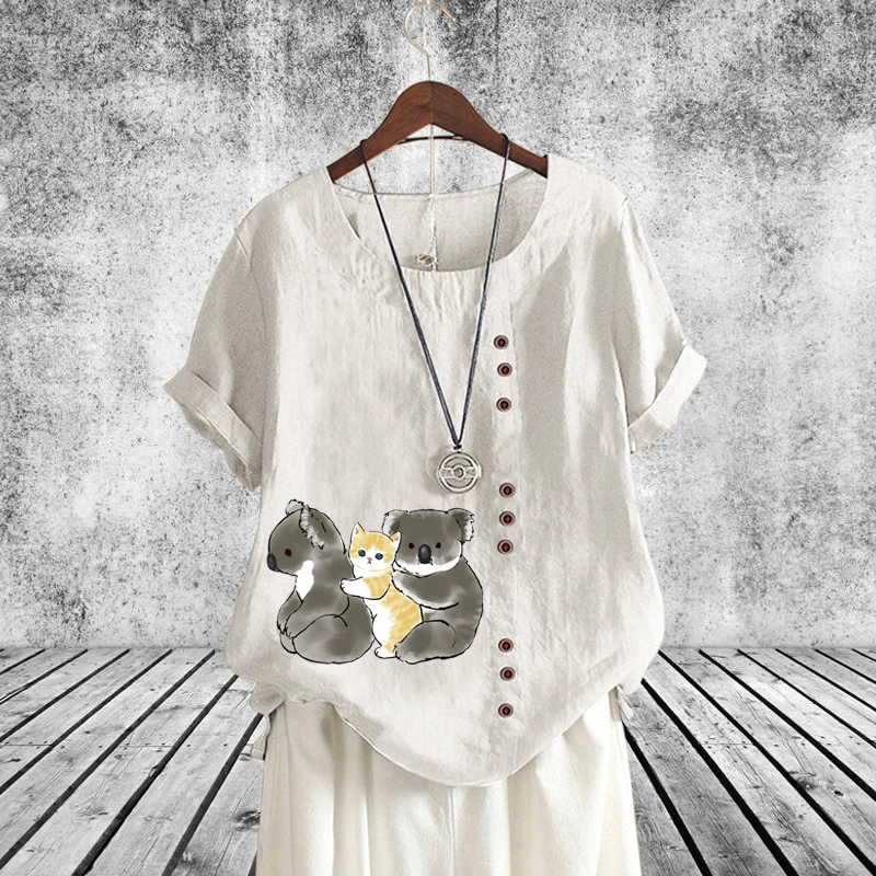 

New Summer Linen Women Shirts Cartoon Animal Graphic Blouse Casual Round Neck Short Sleeves Solid Color Loose Tops XS-5XL