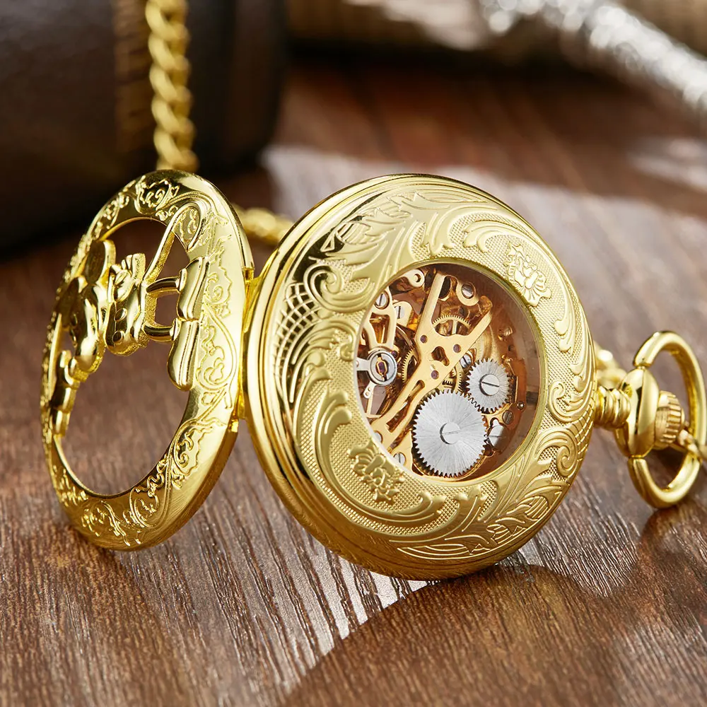 Golden Steampunk Skeleton Cartoon Mouse Mehanical Pocket Watch FOB Chain Hand Wind Mechanical Mens Womens Watches with Chain