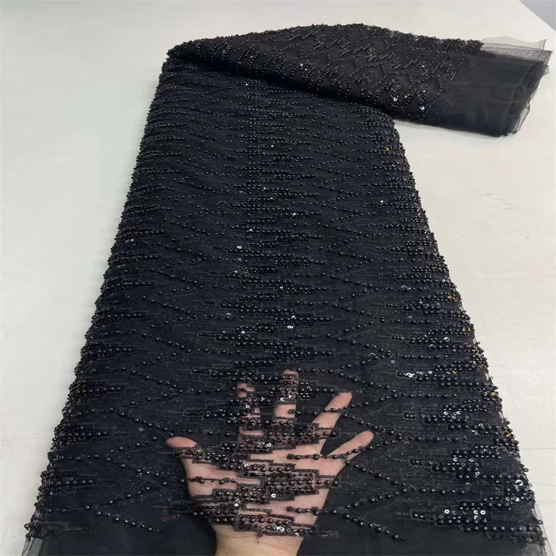 

Luxurious African Groom Sequins Lace Fabric High Quality 2022 Heavy Beads Embroidery French Tulle Lace Nigerian Wedding Dress