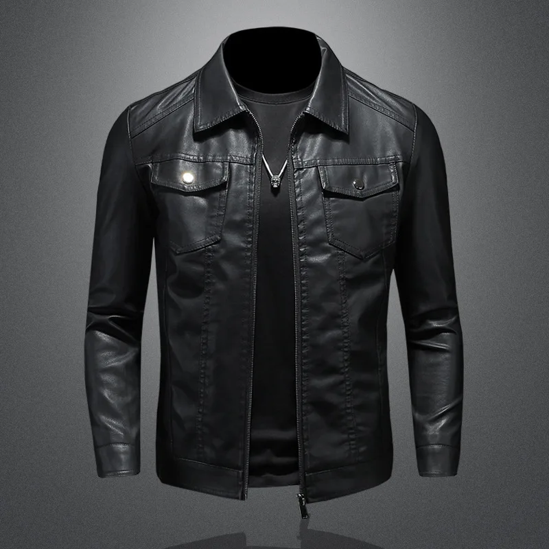 

High-quality men's leather 2022 new spring and autumn winter trend plus fleece thickened motorcycle coat men's leather jacket