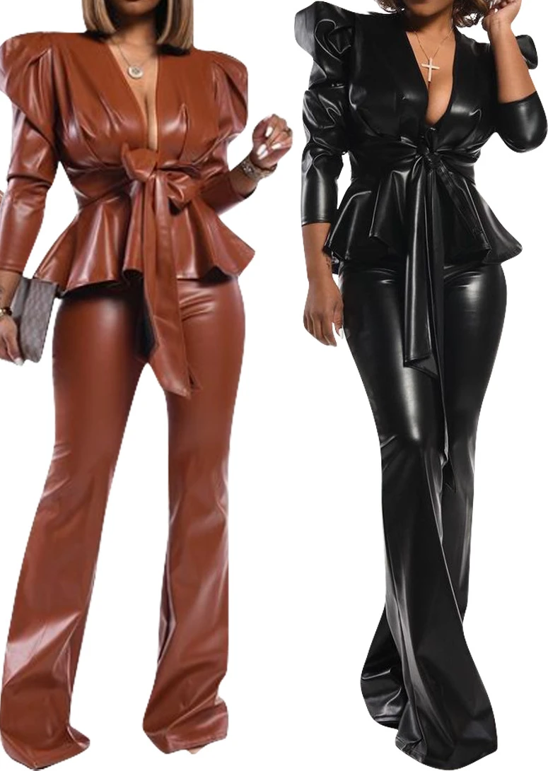 

Женский комплект из двух предметов, Элегантный Повседневный пуловер из искусственной кожи с пышными рукавами и брюки с высокой талией, женс...