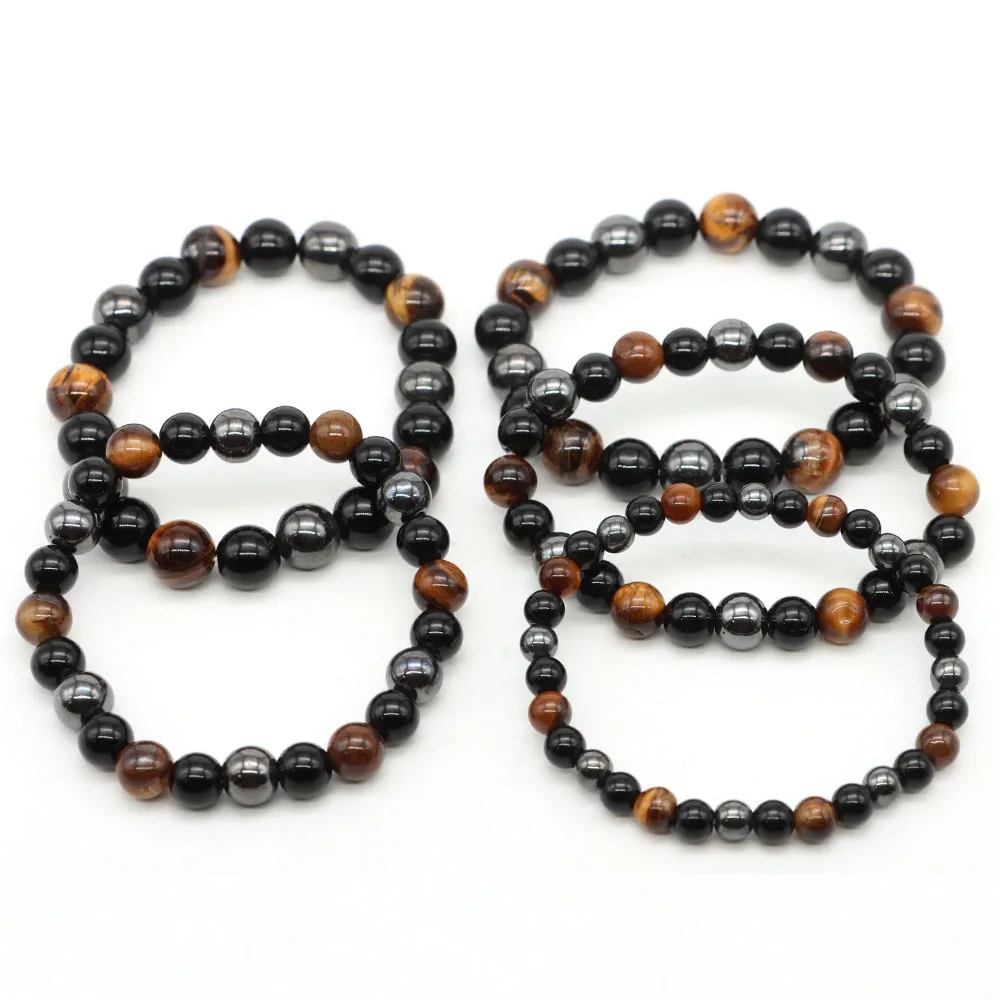Браслет с тройной защитой натуральный гематит обсидиан тигровый глаз каменные
