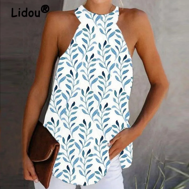 

Women Fashion Elegant Vintage Floral Print Sleeveless T-shirt Summer Casaul Loose Halter Office Ladies Street Tank Tops Clothing