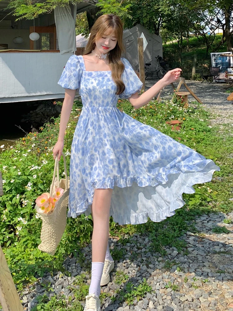 

Sweet Blue Floral Maxi Dresses for Women Summer New High Waist Irregular Short Sleeve Chiffon Mini Dress Woman