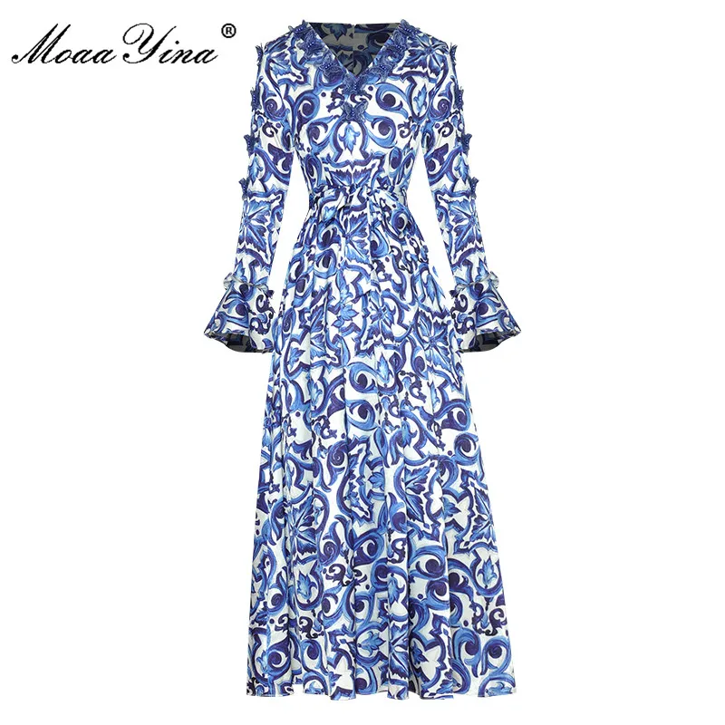 

MoaaYina Fashion Runway dress Autumn Winter Women Dress V Neck Flare Sleeve Butterfly Blue and white porcelain Elegant Dresses